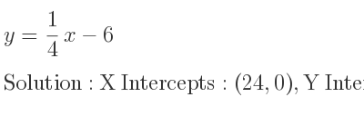 The y= 1/4 x-6 is X Intercepts: (24,0),Y Intercepts: (0,-6)